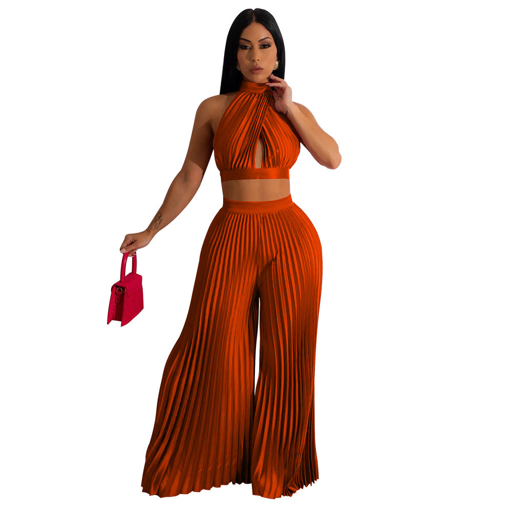 Women's Halter Top Silk Pleated Wide-Leg Pants Two-piece Set
