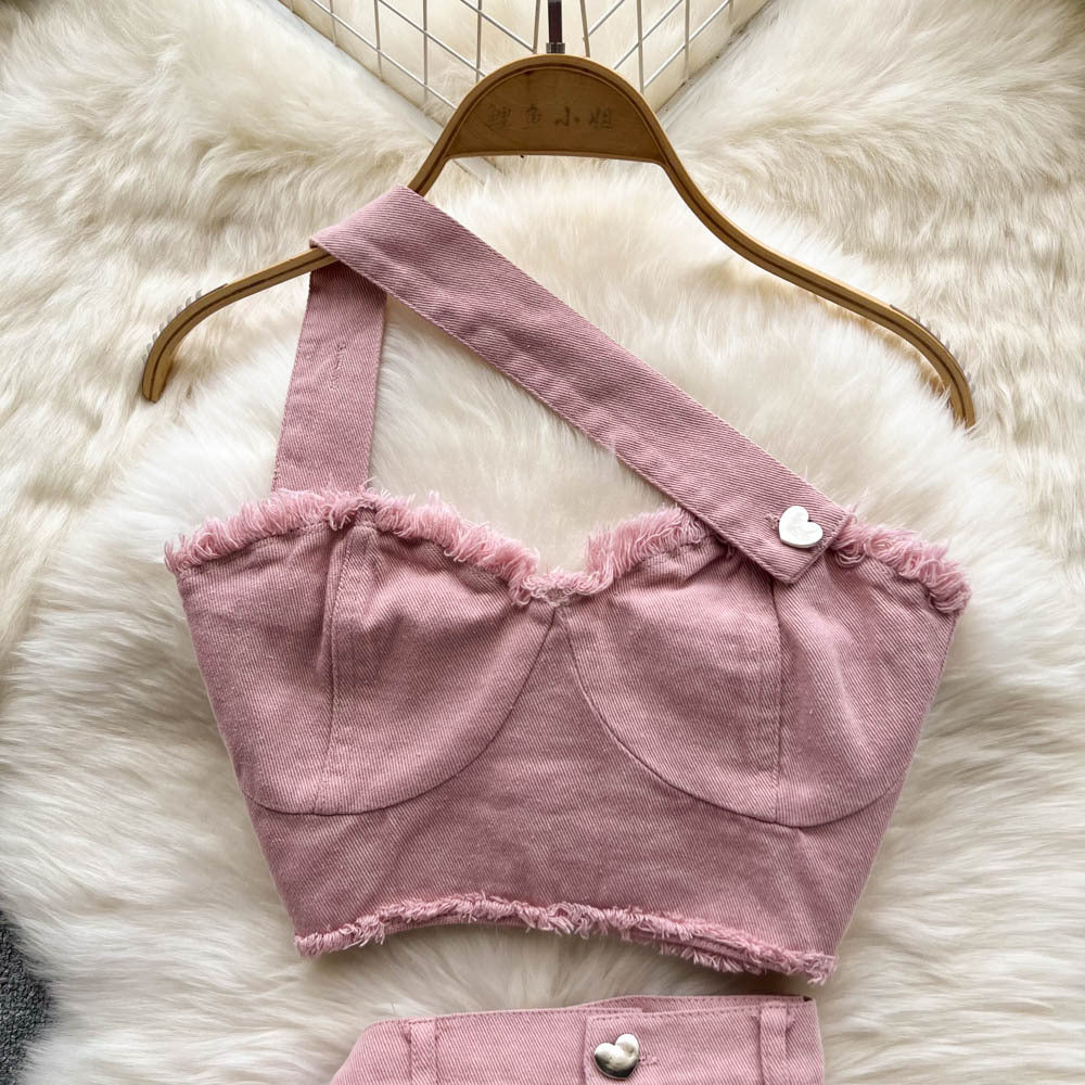 Pink Bandeau Sling Top Irregular Skirt Stylish Two-piece Set