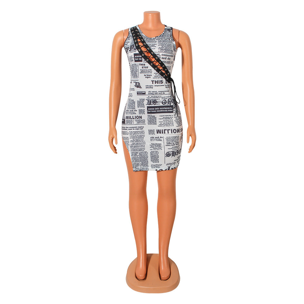 "Read All About It" Sexy Digital Printed Hollow Tie Dress