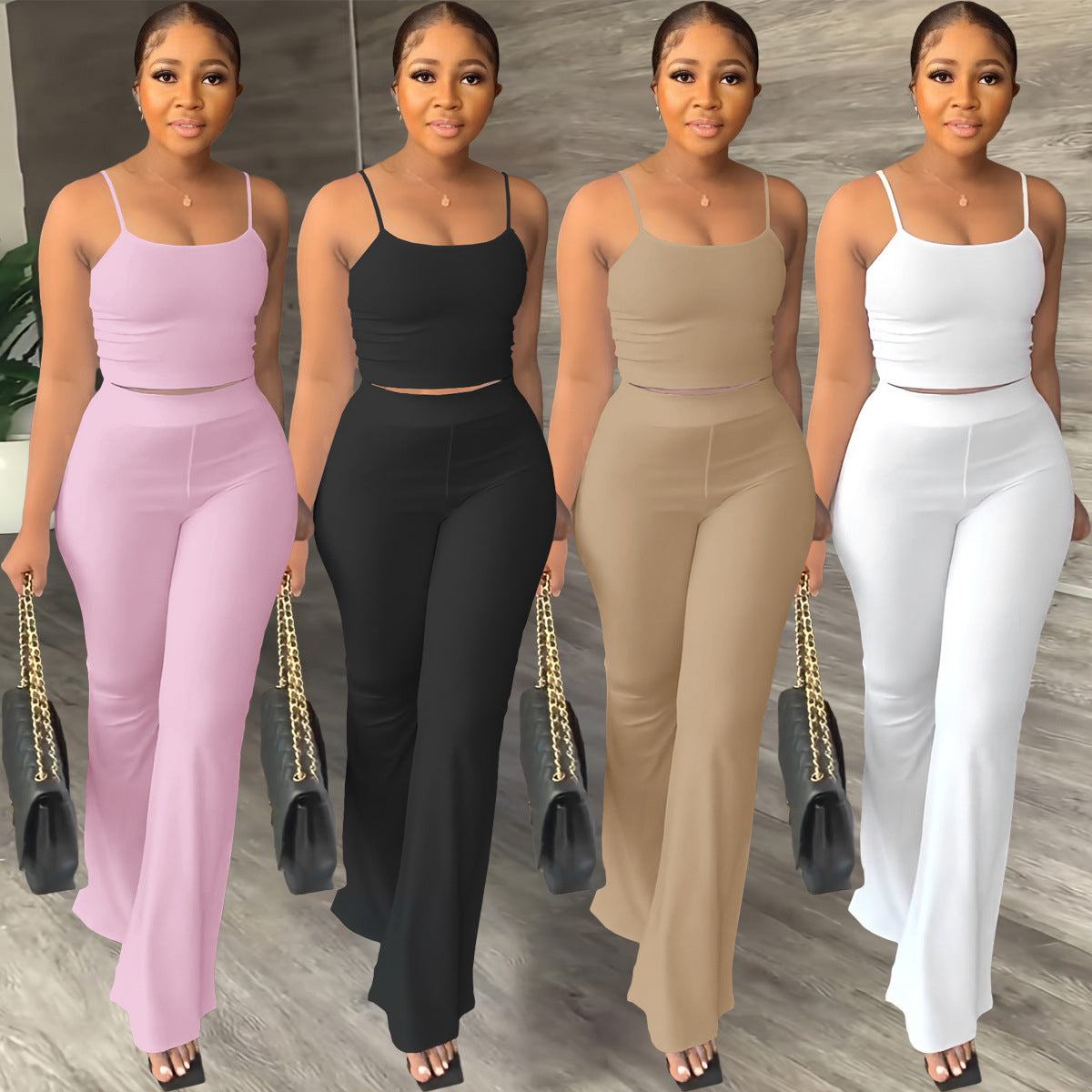 Women's Solid Color Sling Bell-Bottom Pants Fashion Two Piece Set