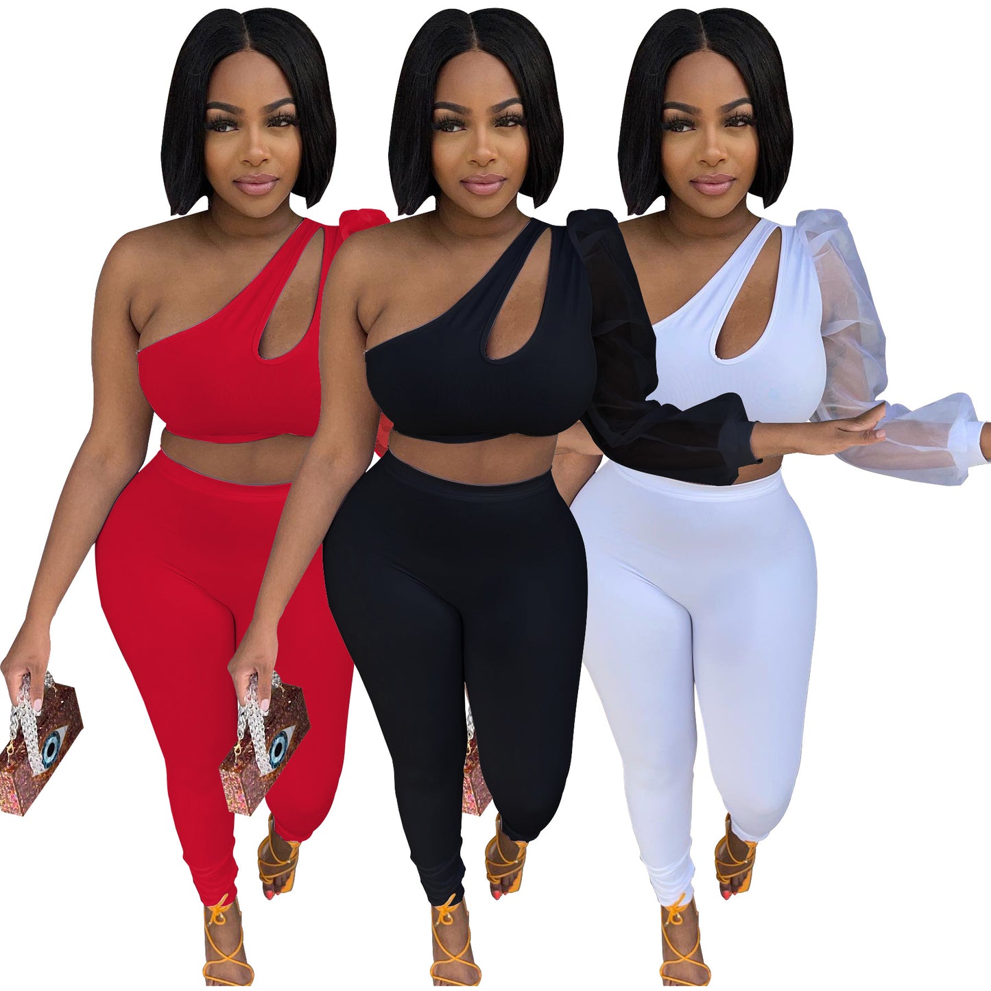 Mesh One Sleeve Elastic Two Piece Pants Set