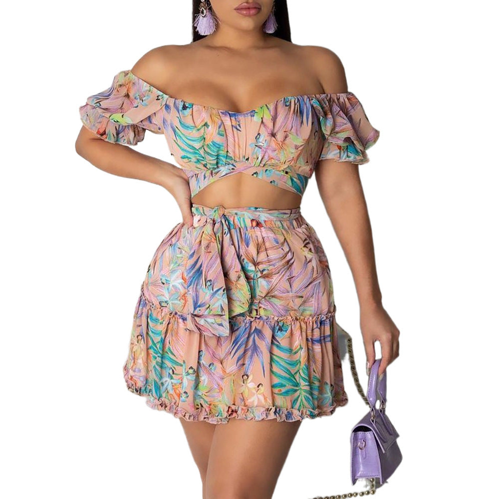 Women's Lace-Up Floral V-Neck Two Piece Set