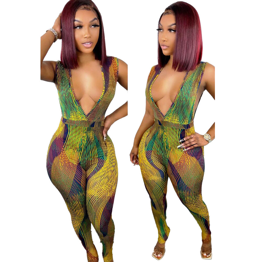 Sexy Deep V Stripe Digital Printing One-piece Jumpsuit