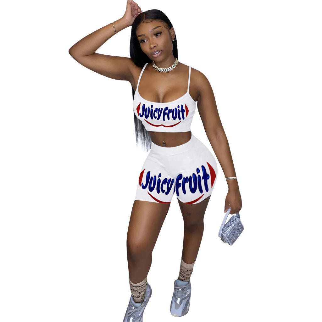 Ladies' Letter Printed Shorts and Top Two Piece Set
