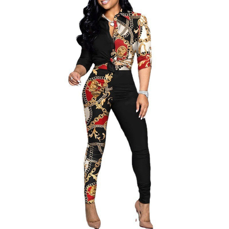Women's Color Matching Printed Long-sleeved Shirt And Casual Pants Two-piece Set