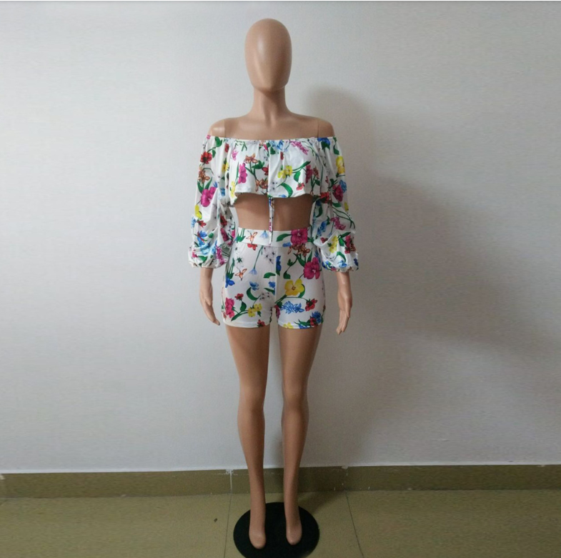 Women's Sexy Flower Printed Puffed Sleeved Two-Piece Set