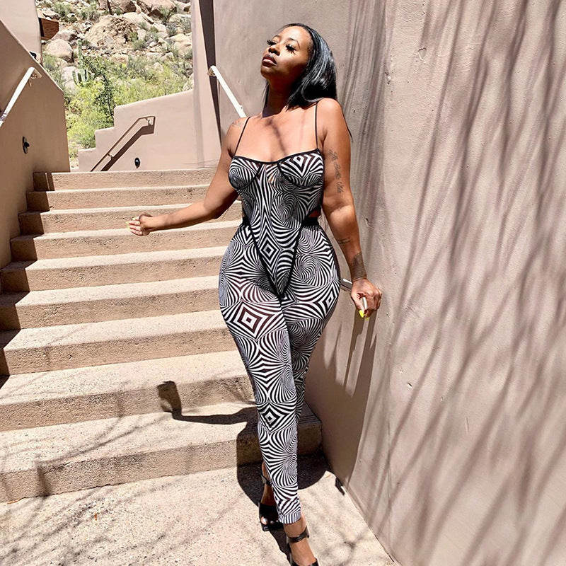 Zebra Pattern Sexy Mesh Printed Bodysuit Jumpsuit Set