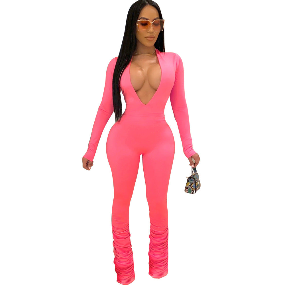 Solid color big V-neck tight ladies Jumpsuit