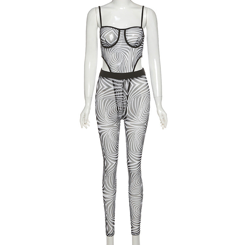 Zebra Pattern Sexy Mesh Printed Bodysuit Jumpsuit Set