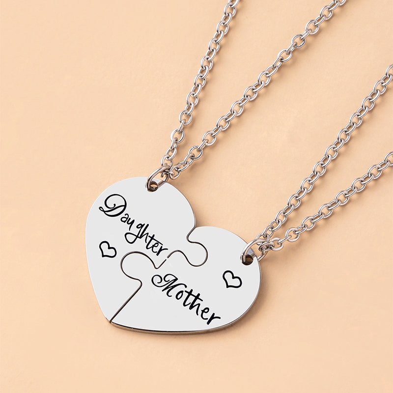 2 PCS Love Daughter Mother Puzzle Heart Pendant Necklace Silver Stainless Steel Mothers Day Jewelry Gift