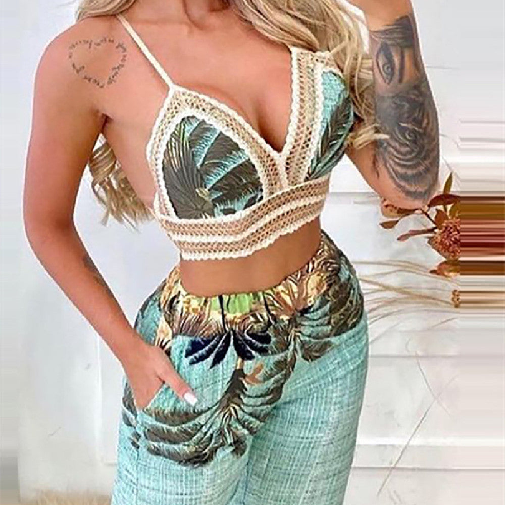 Women's Tropical Print Sexy Crop Top & Slit Pants Two Piece Set