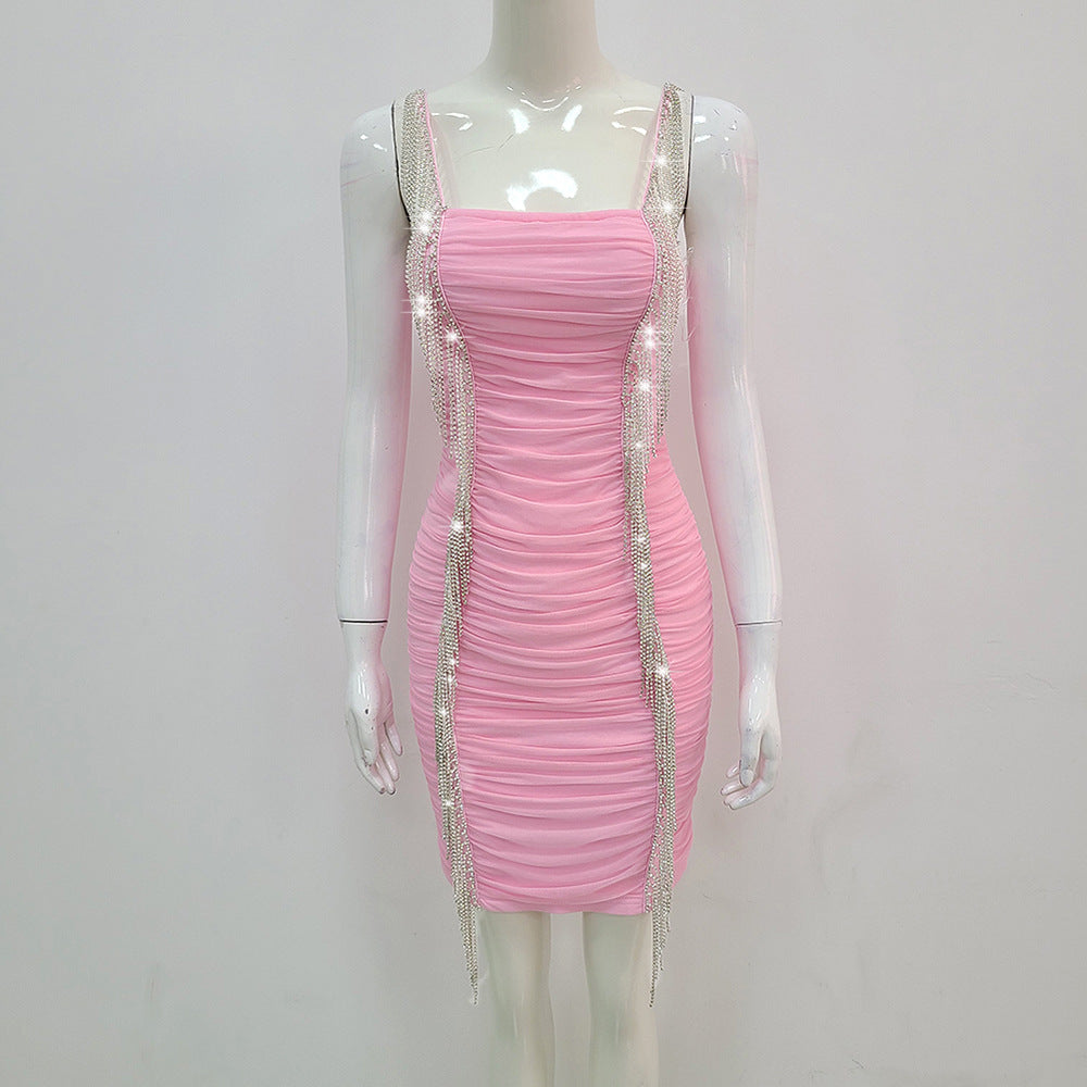 "Razzle Dazzle" Women's Suspender Diamond-encrusted Tassel Mesh Gauze Stitching Pleated Bandage Dress