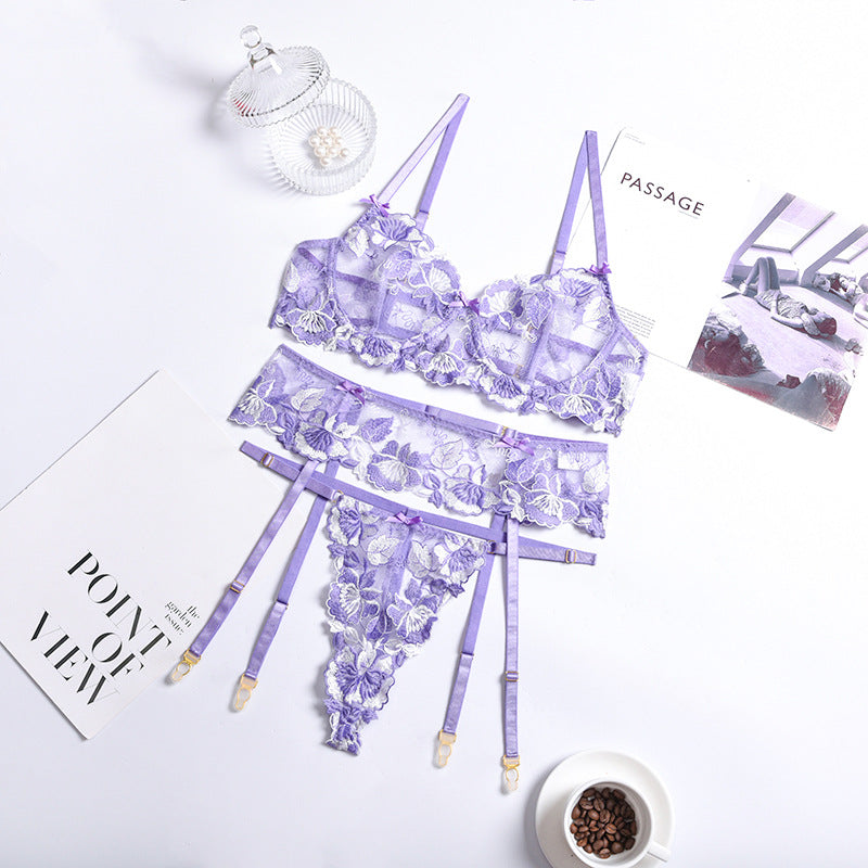 Purple Lace Printed Hollow Garter Three Piece Sexy Suit