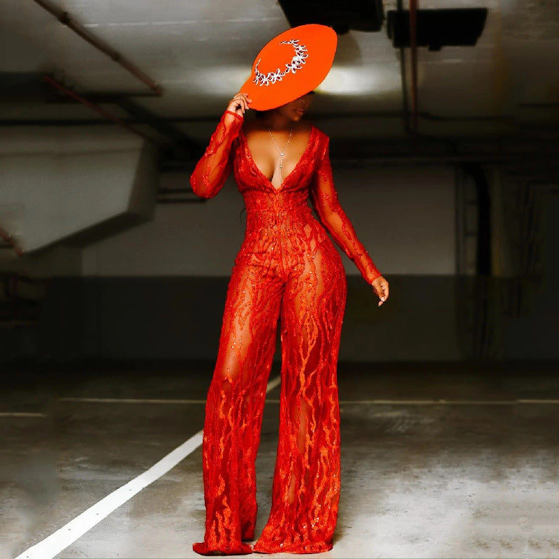 Red Women Sequin Halter Neck Jumpsuit