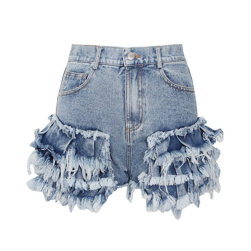 New Fashion Temperament Sexy One Buckle Fringed High Waist Denim Shorts