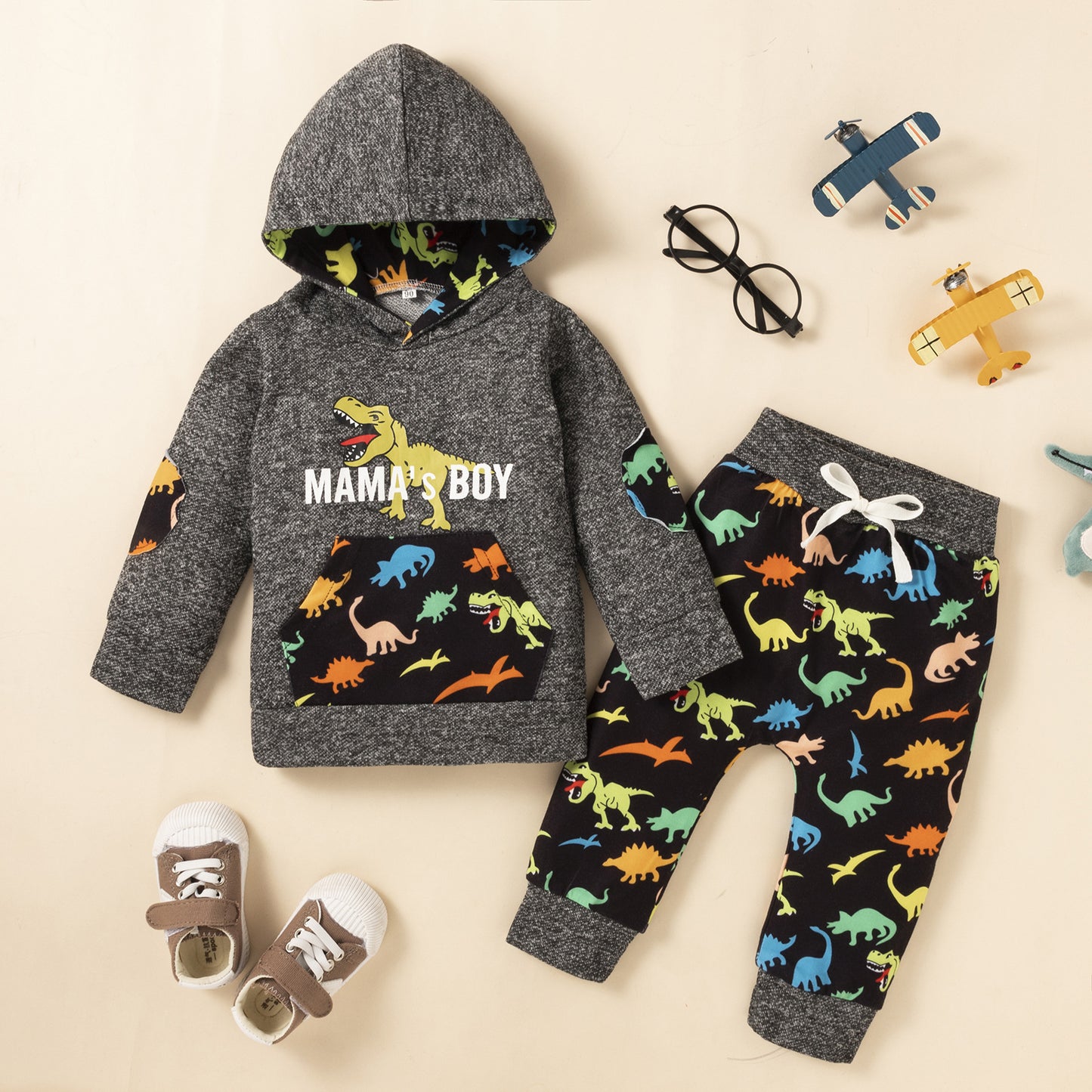 Boys Dinosaur Print Long-sleeved Trousers And Hooded Sweater Set