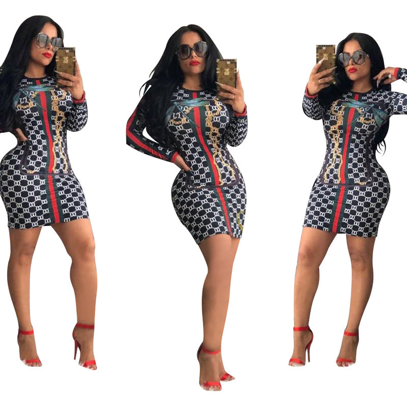 Women's Printed Long Sleeve Sexy Dress