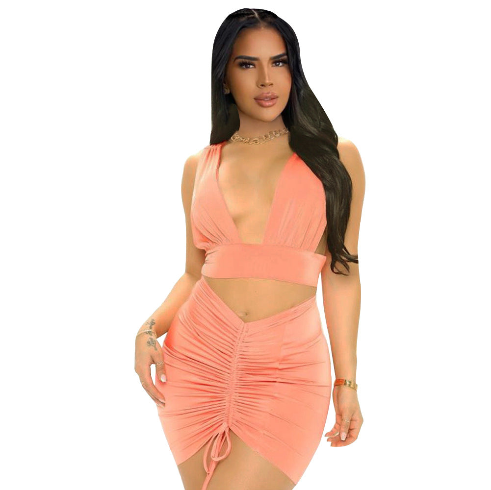 Vest Drawstring Pleated Sleeveless Backless Two Piece Skirt Set