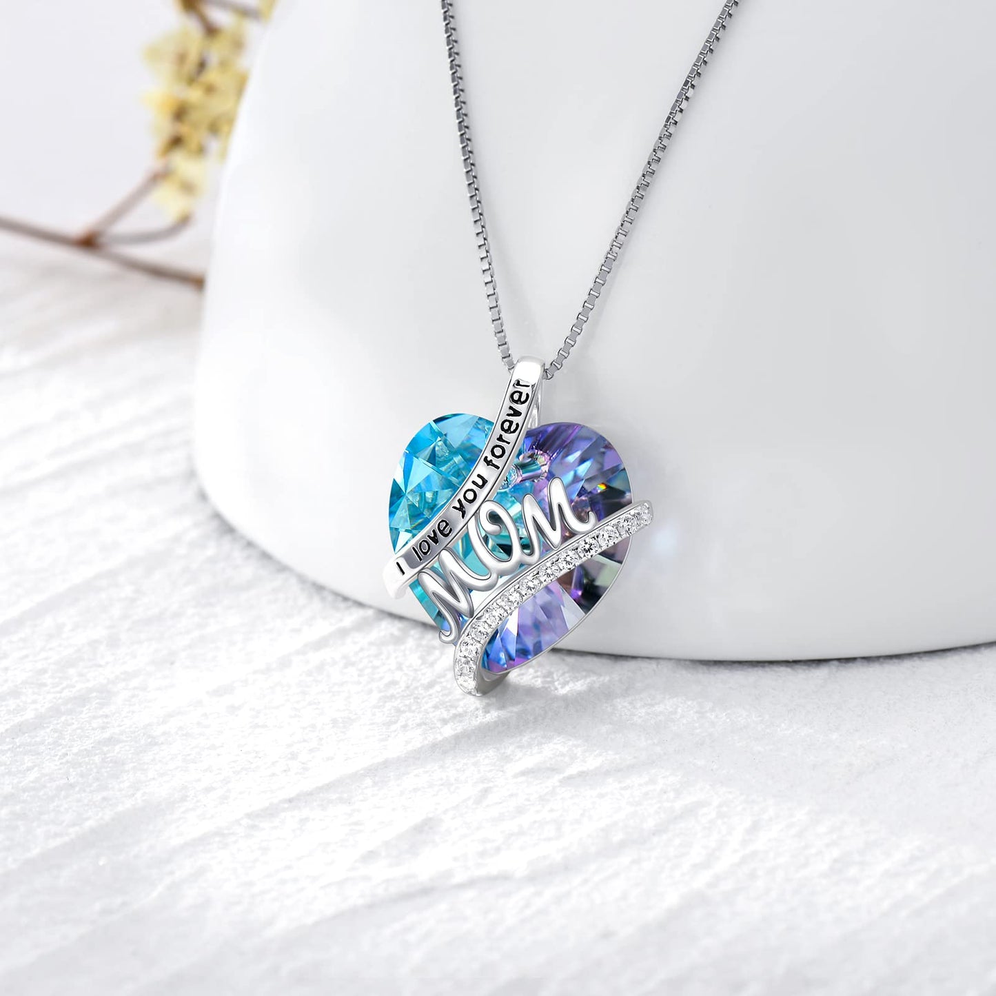 Gifts For Mom Sterling Silver Mom Necklace With Heart Birthstone Crystal Mother's Day Christmas Jewelry Gifts For Mother