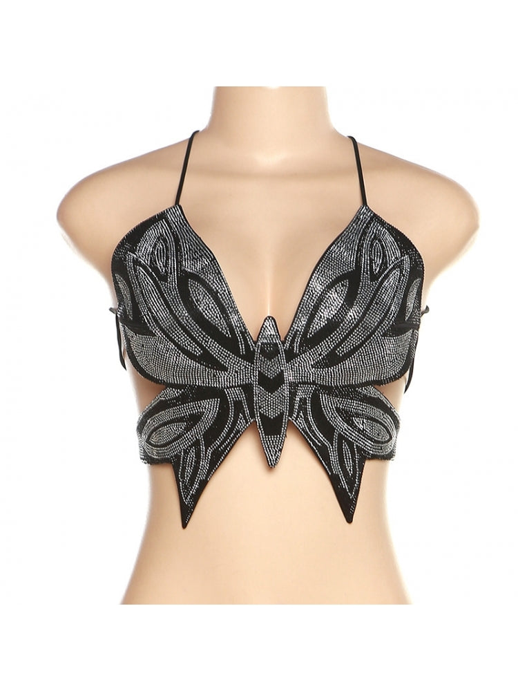 Butterfly Hot Drilling Black Tie Wrap Tank Top