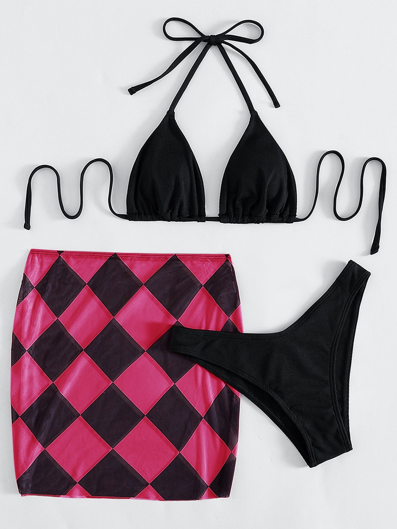 Argyle Halter Neck Three-Piece Swimsuit