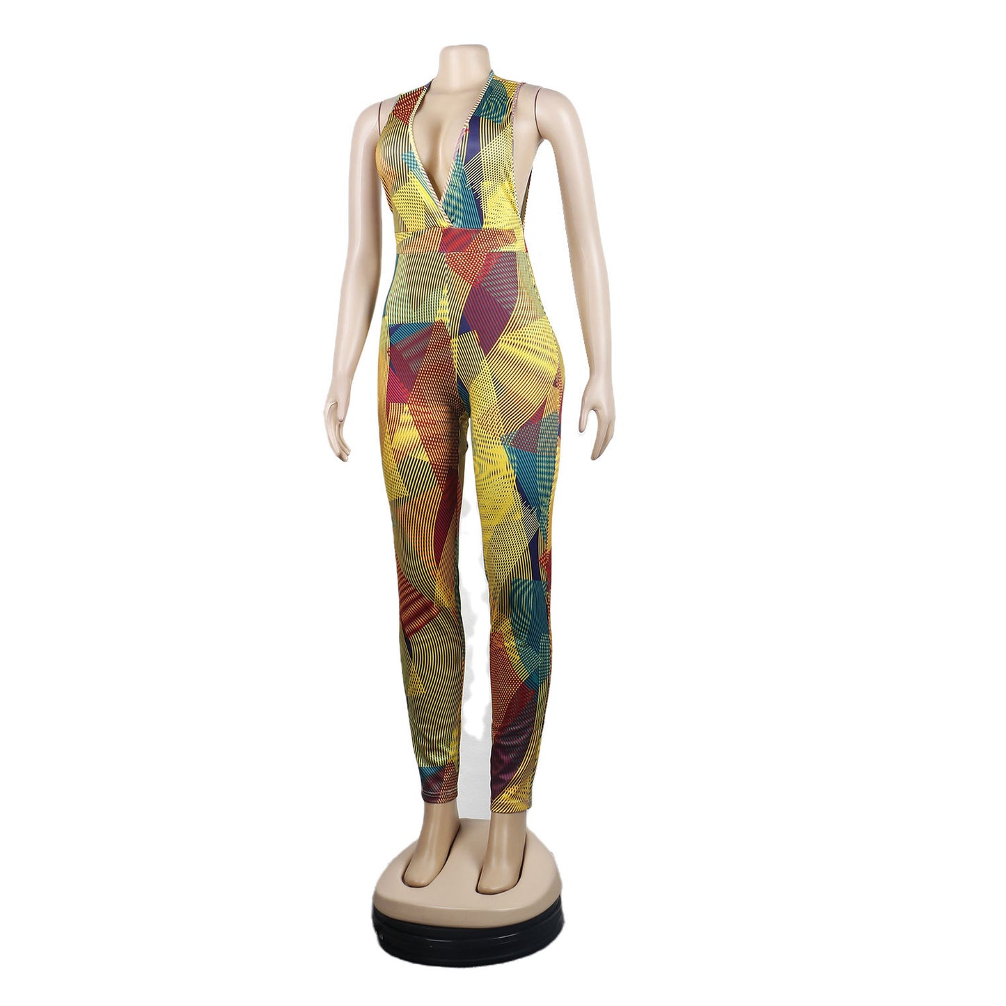Sexy Deep V Stripe Digital Printing One-piece Jumpsuit