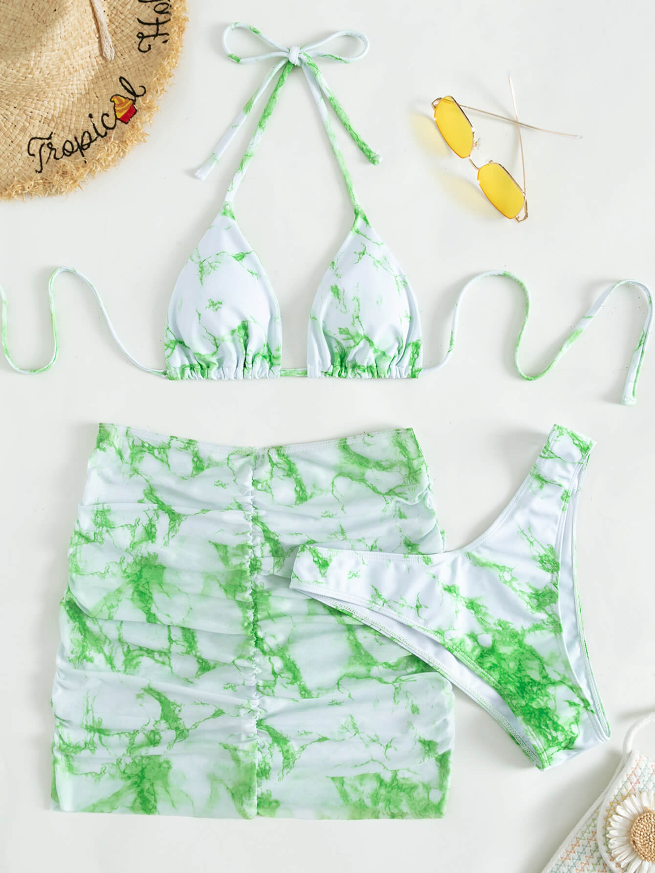 Tie-Dye Halter Neck Ruched Three-Piece Swimsuit