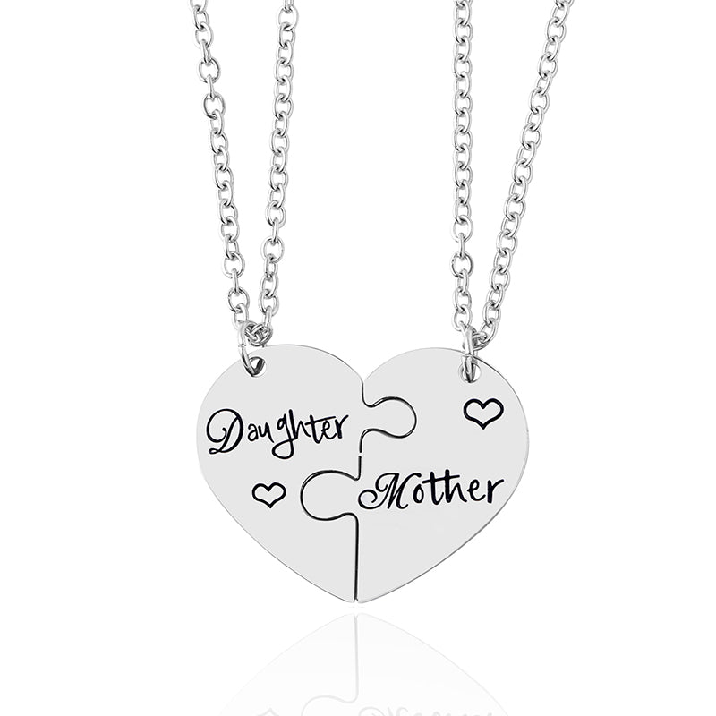 2 PCS Love Daughter Mother Puzzle Heart Pendant Necklace Silver Stainless Steel Mothers Day Jewelry Gift