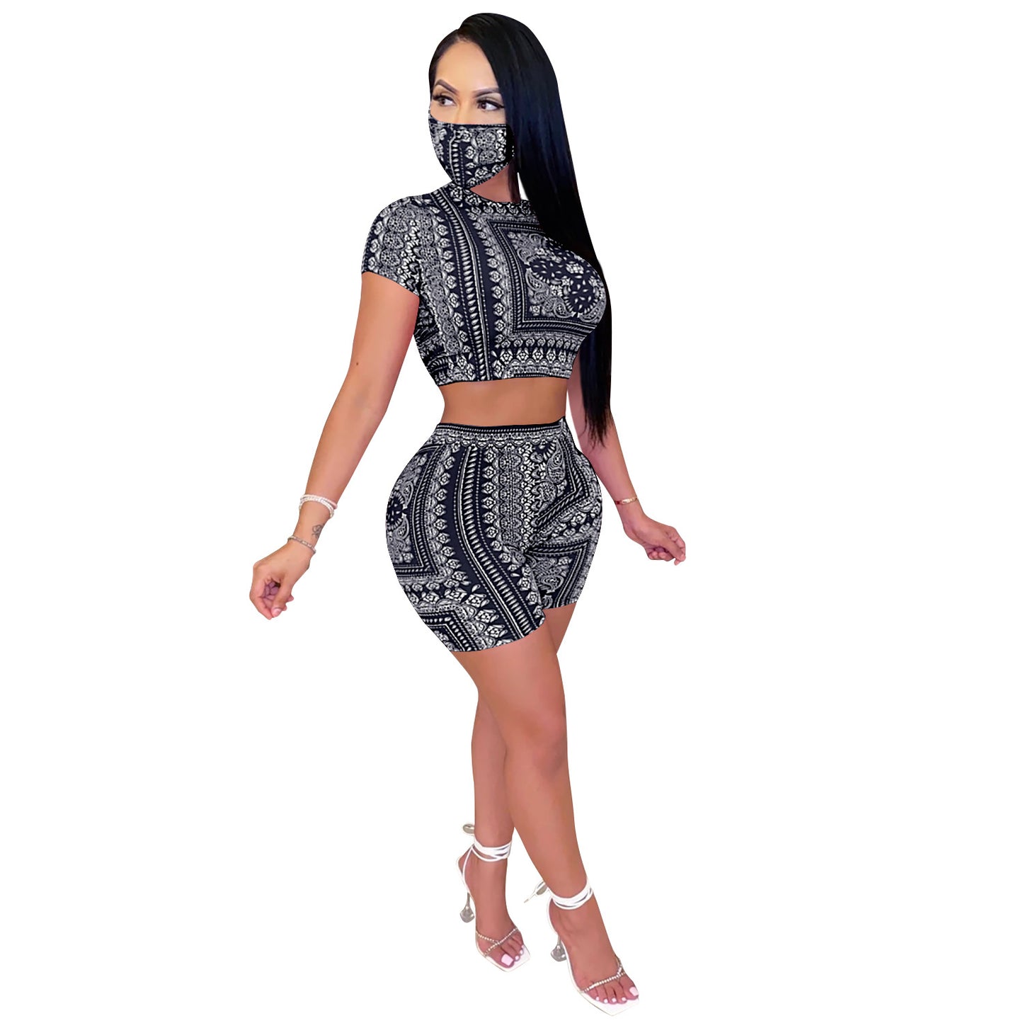 Fashion Sexy Ladies Digital Printed Two-piece Set With Mask