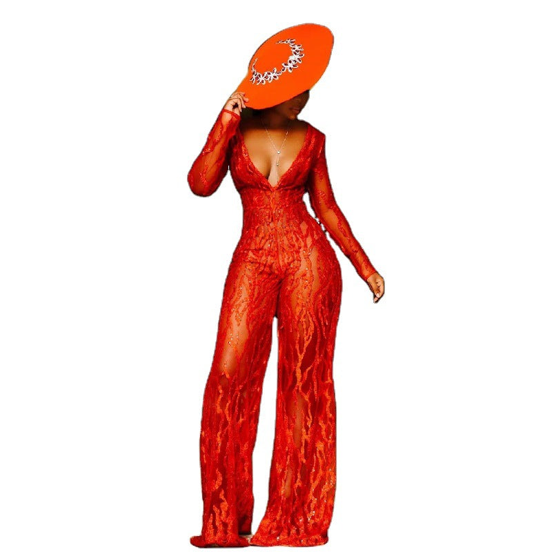 Red Women Sequin Halter Neck Jumpsuit