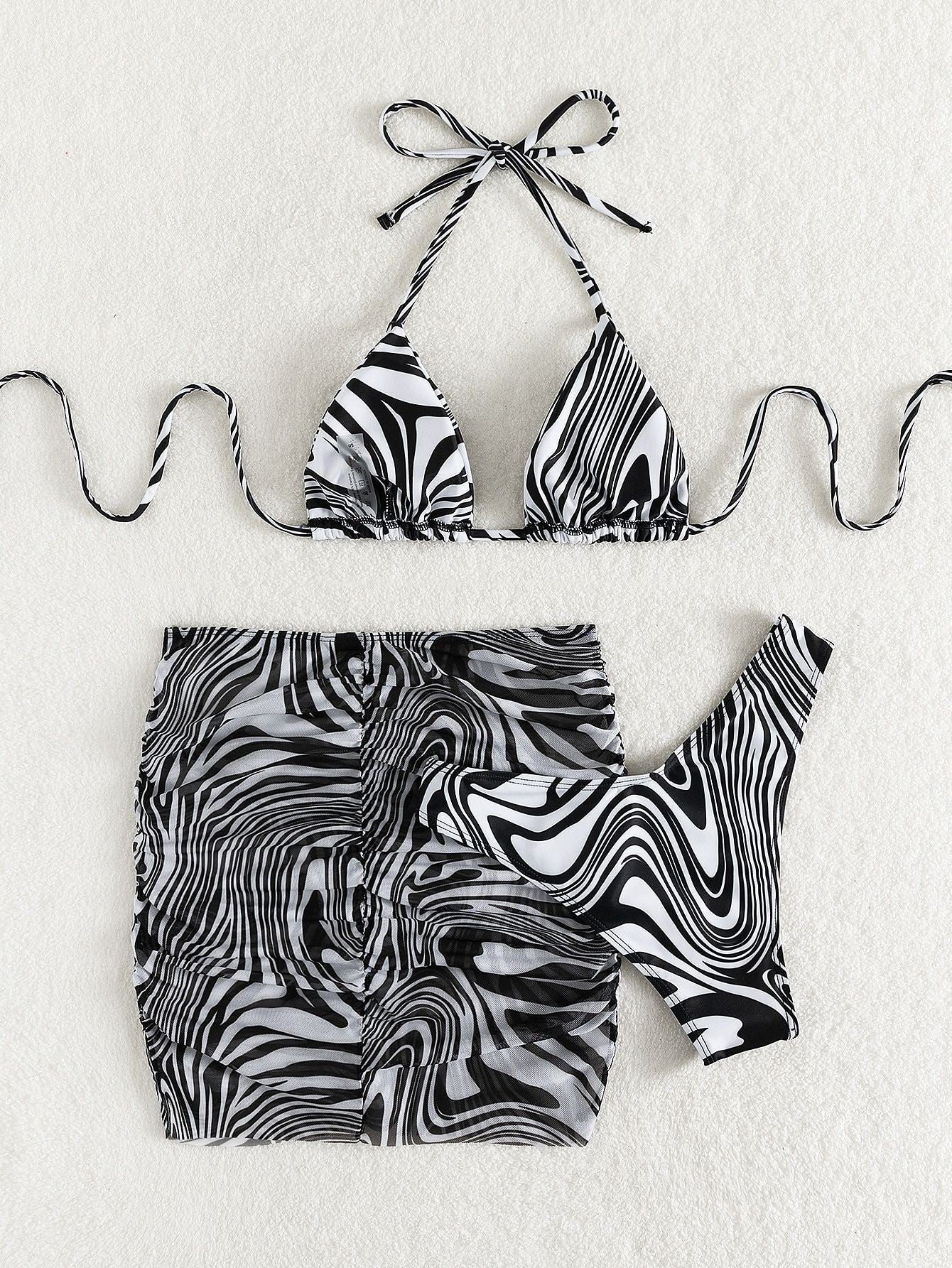 Animal Print Ruched Three-Piece Swimsuit
