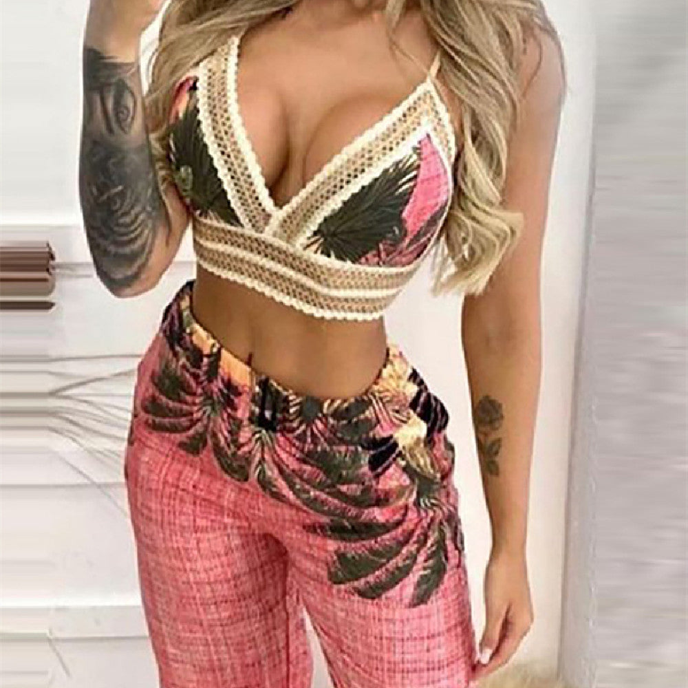Women's Tropical Print Sexy Crop Top & Slit Pants Two Piece Set