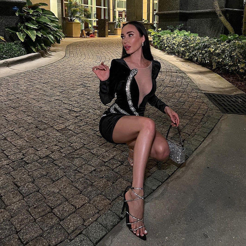 Black Diamond-encrusted Long-sleeved Slim Bandage Skirt Dress