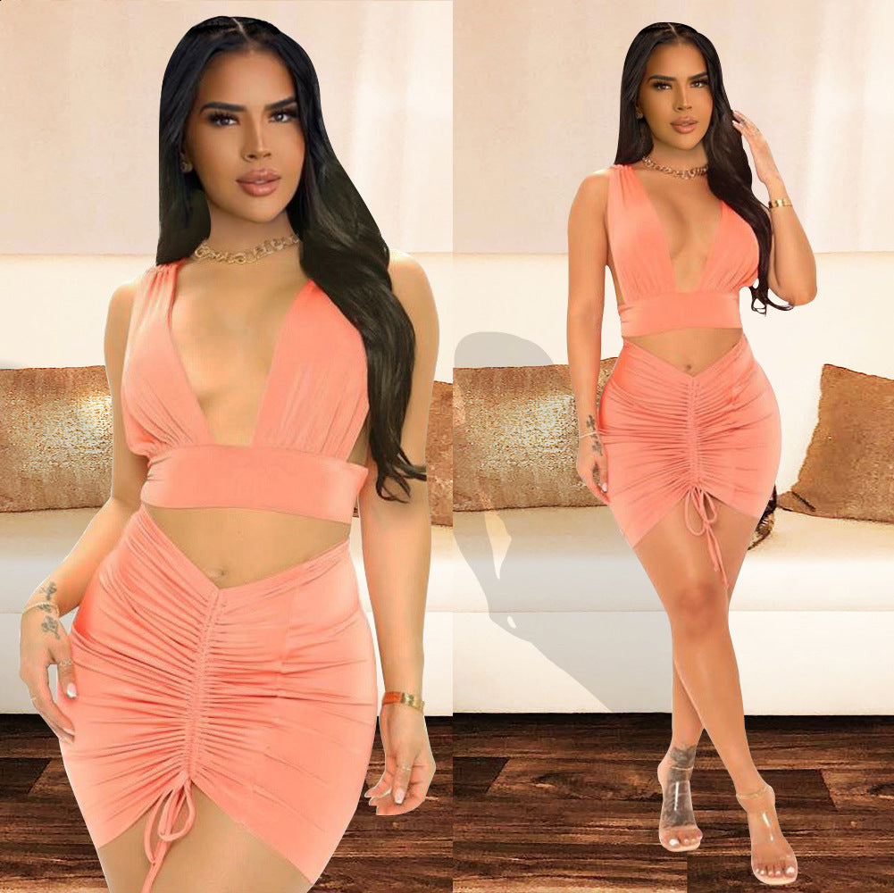 Vest Drawstring Pleated Sleeveless Backless Two Piece Skirt Set