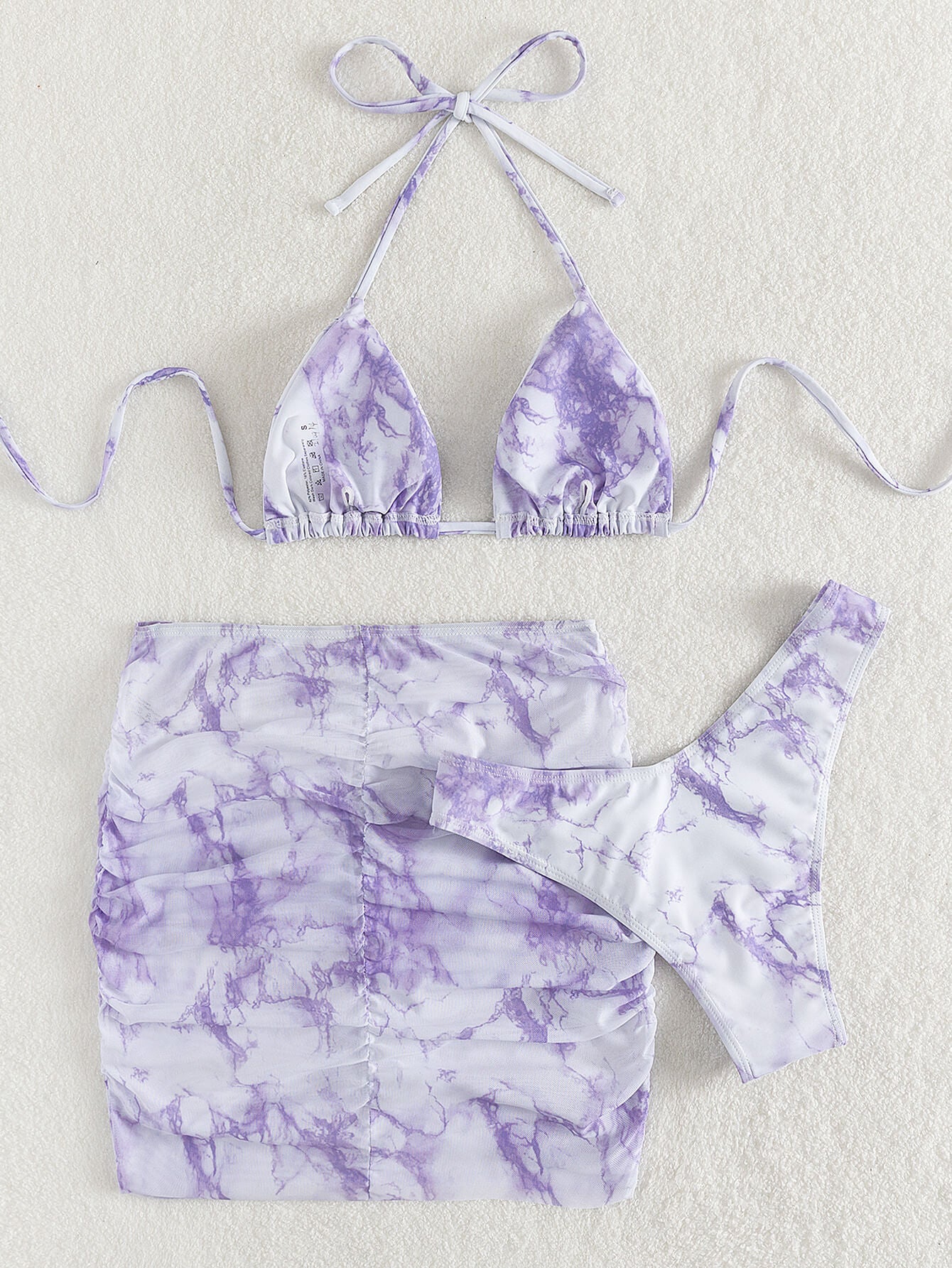 Tie-Dye Halter Neck Ruched Three-Piece Swimsuit