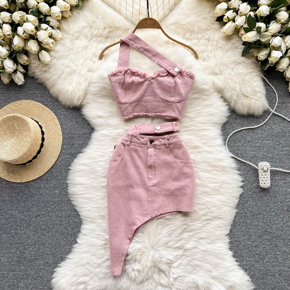Pink Bandeau Sling Top Irregular Skirt Stylish Two-piece Set