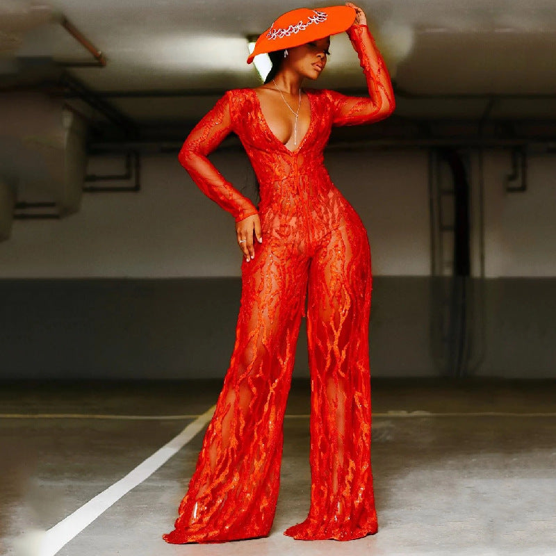 Red Women Sequin Halter Neck Jumpsuit