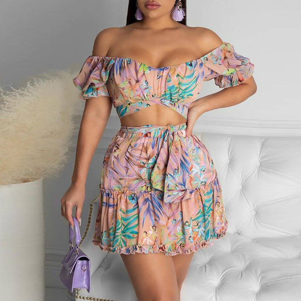 Women's Lace-Up Floral V-Neck Two Piece Set