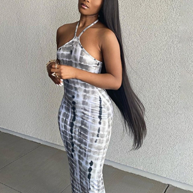 Grey Printed Halter Lace Sexy Dress