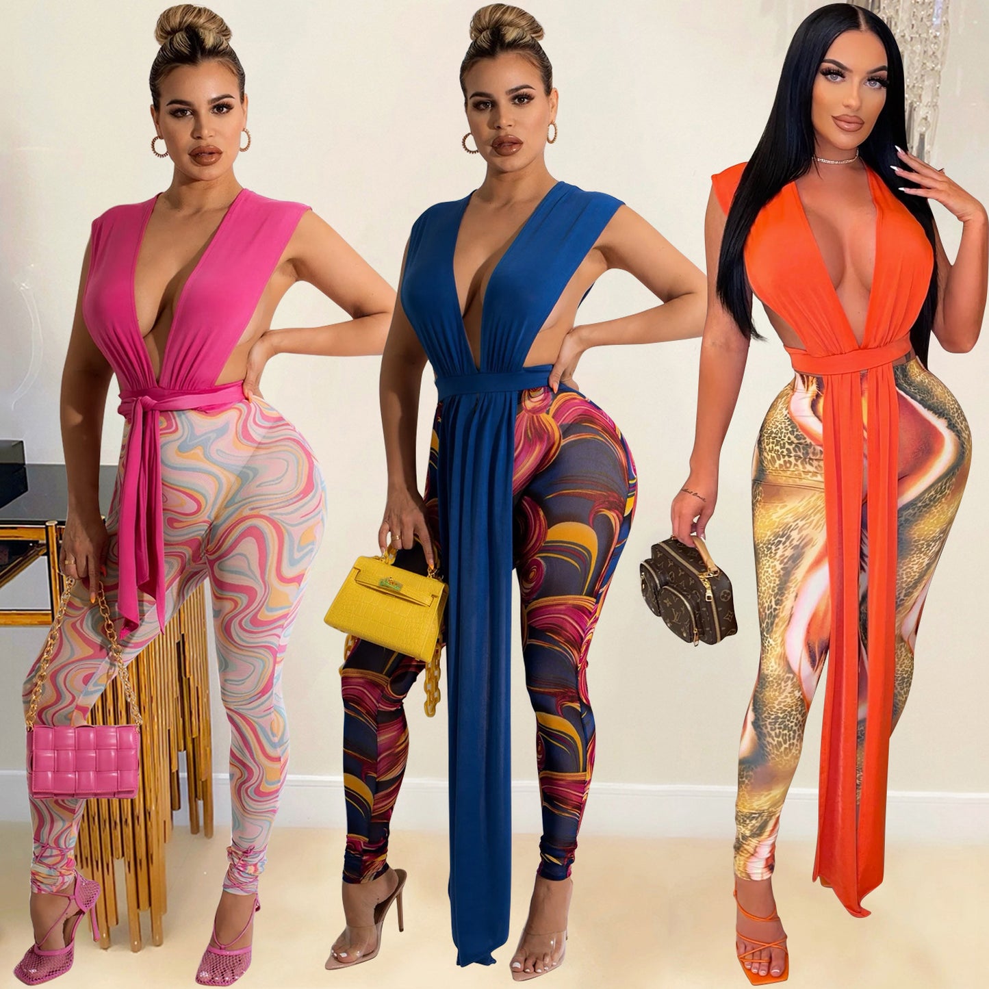 Ladies Fashion Mesh Print Pants Two Piece Set