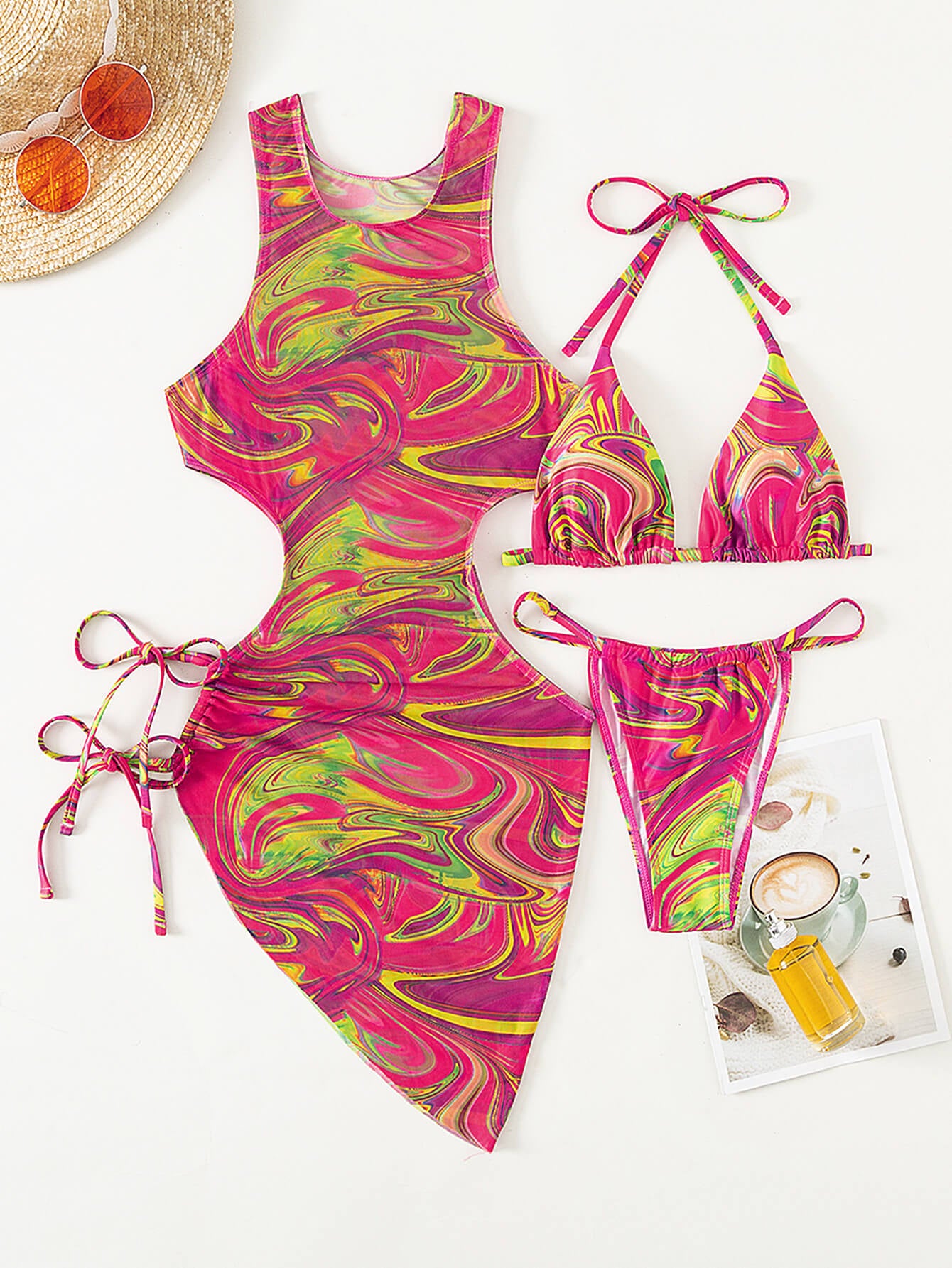 Abstract Print Tied Three-Piece Swimsuit