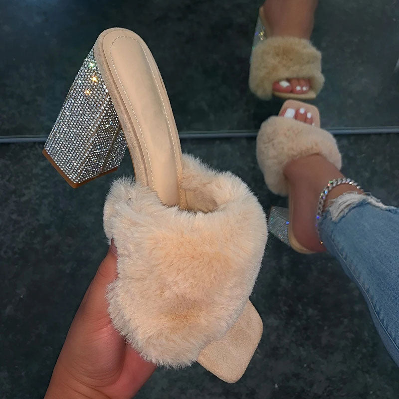 Women's Summer Fashion Rhinestone Fluffy High Heels