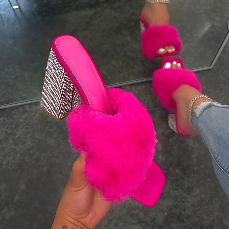 Women's Summer Fashion Rhinestone Fluffy High Heels
