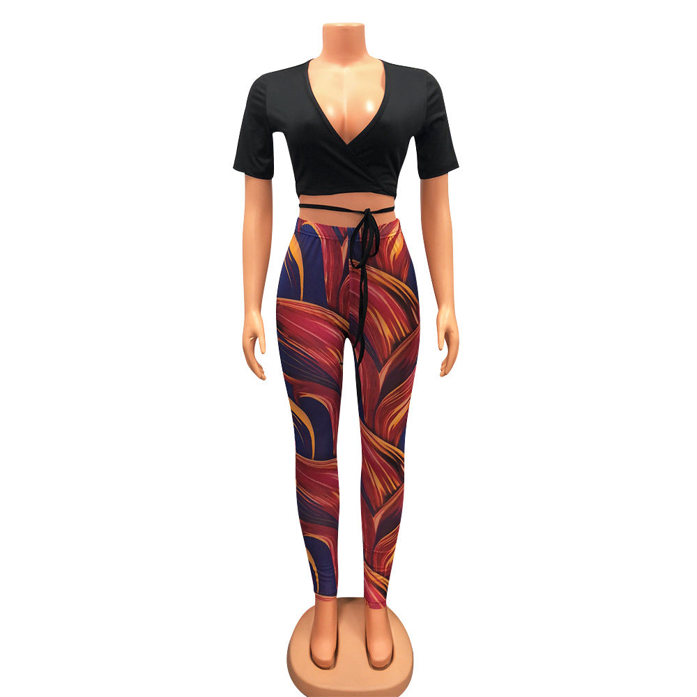 Sexy Mesh Printed Trousers Women Two-Piece Set