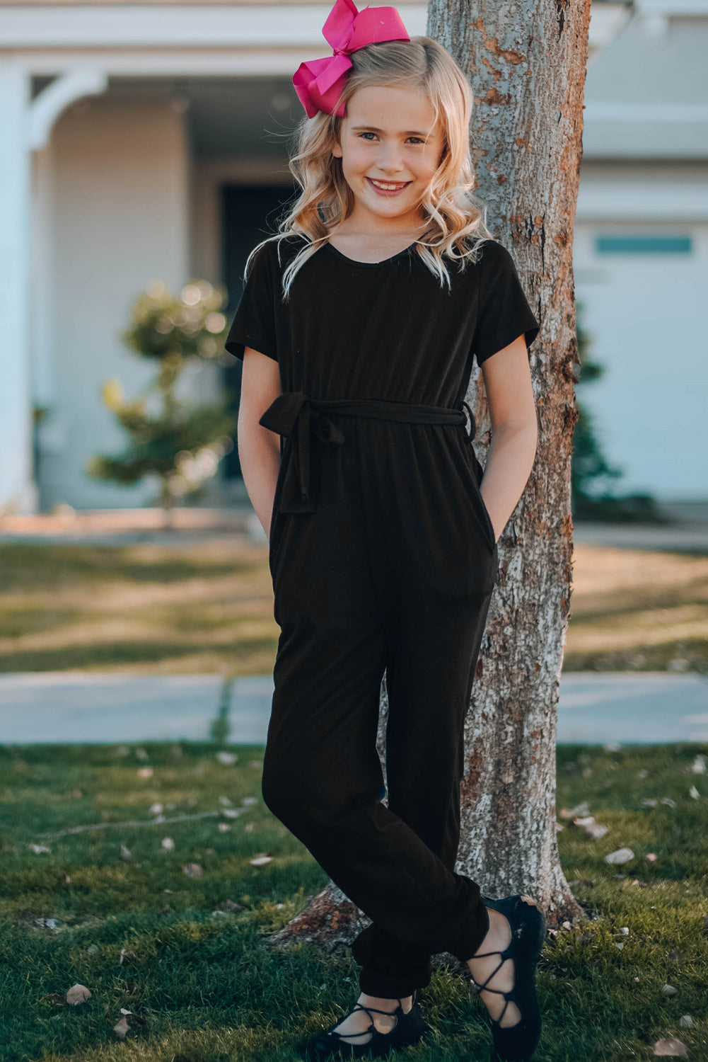 Girls Belted Jogger Jumpsuit with Side Pockets