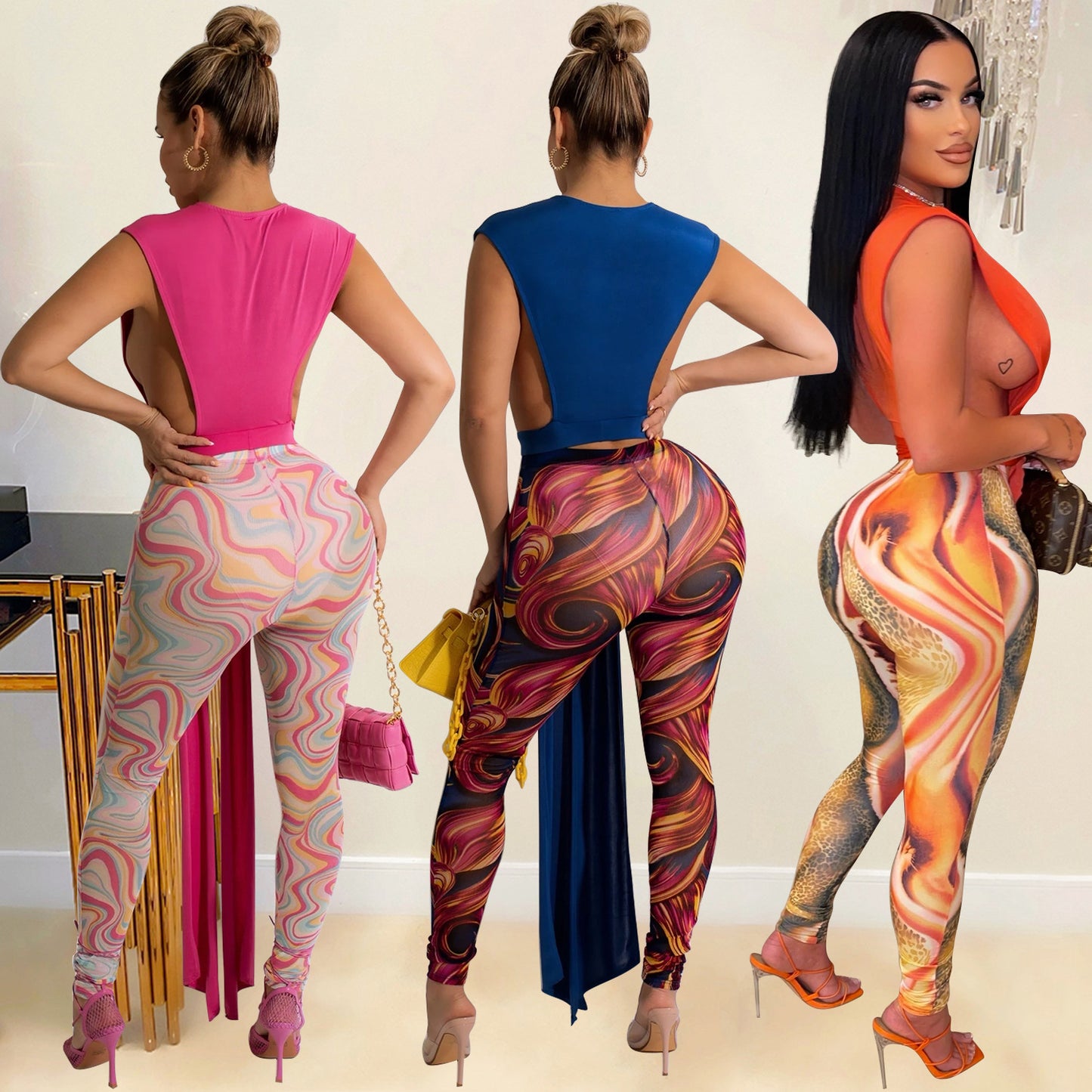Ladies Fashion Mesh Print Pants Two Piece Set