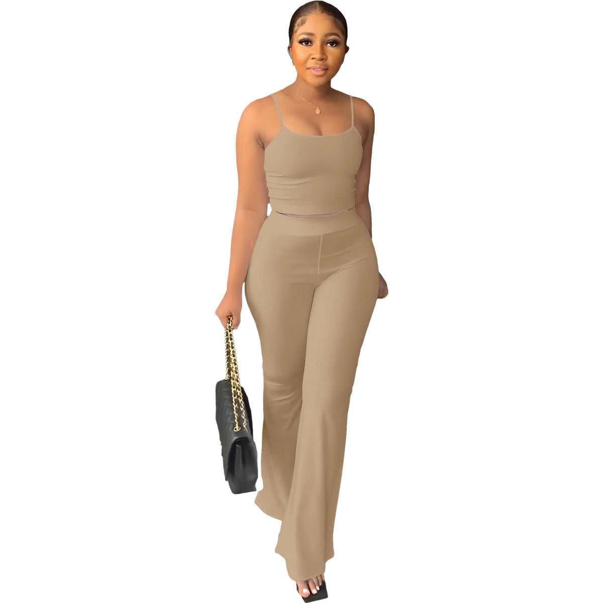 Women's Solid Color Sling Bell-Bottom Pants Fashion Two Piece Set