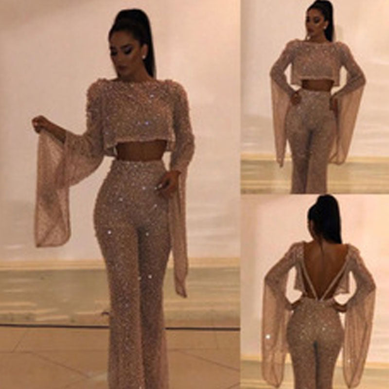 Women's Sexy Long-sleeved Sequin Gold Jumpsuit