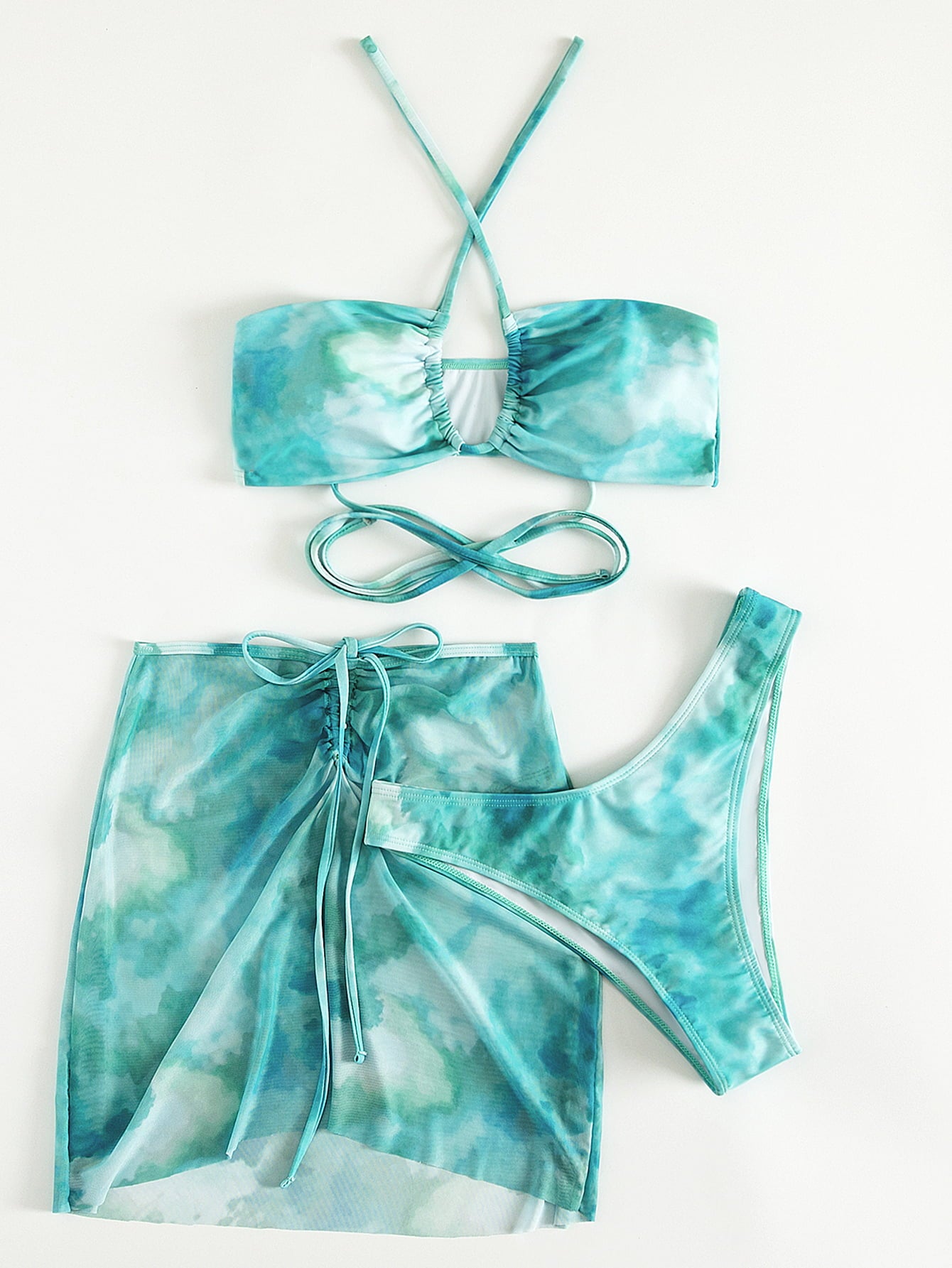 Tie-Dye Halter Neck Crisscross Tied Three-Piece Swimsuit