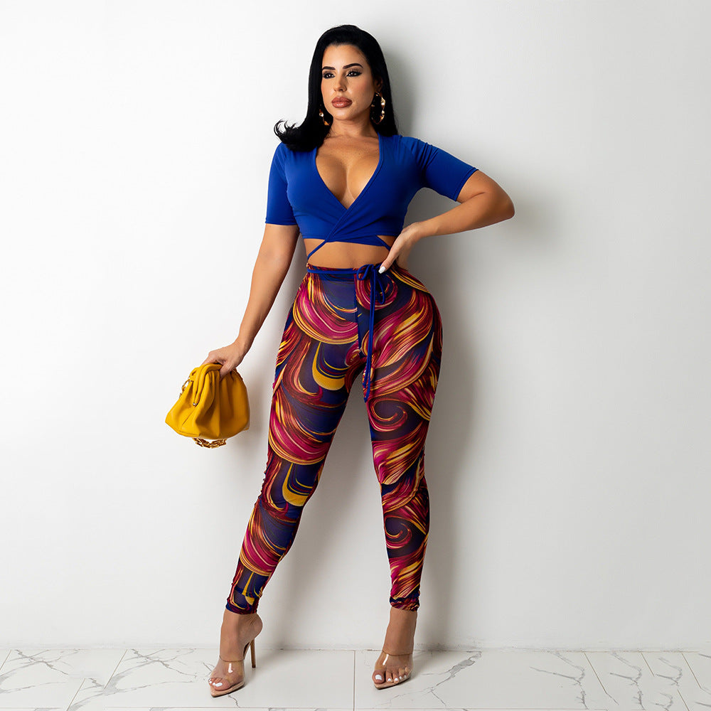 Sexy Mesh Printed Trousers Women Two-Piece Set